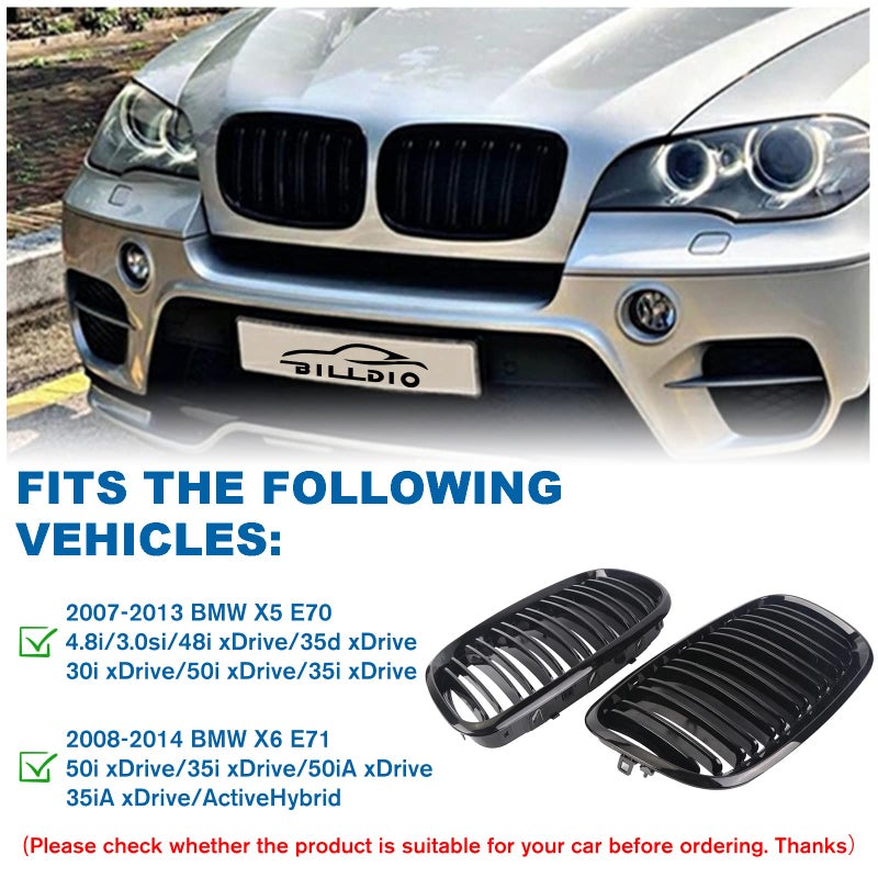 BILLDIO Front Bumper Kidney Grille Grill Glossy Black Compatible with 2007-2014 BMW X5 E70 X6 E71 Dual Slat Double Line - Image 4